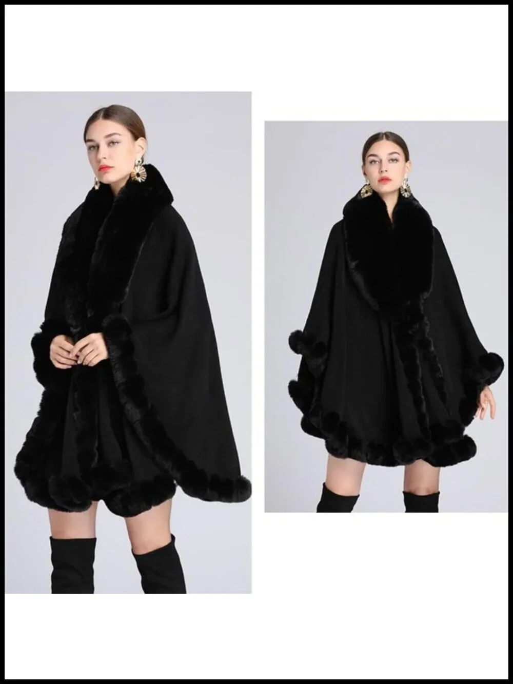 Faux Fur Shawl Wrap Winter Elegant Evening Cape Poncho with Fur Collar